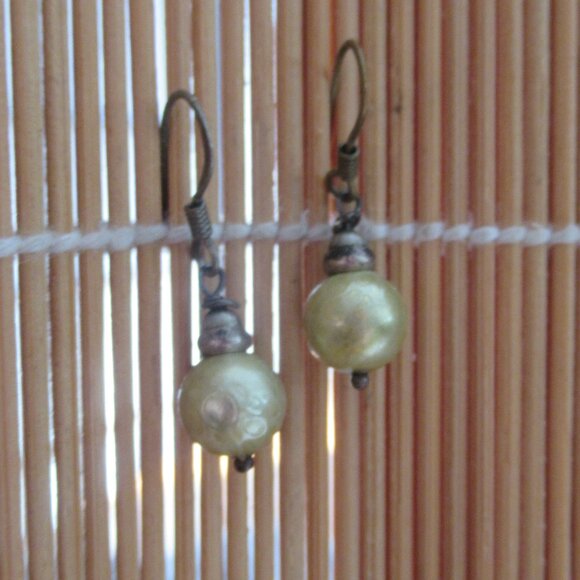 Green faux Pearl Earrings, Dangle, Light Iridescent Olive Green, Vintage, 8mm - Picture 7 of 8